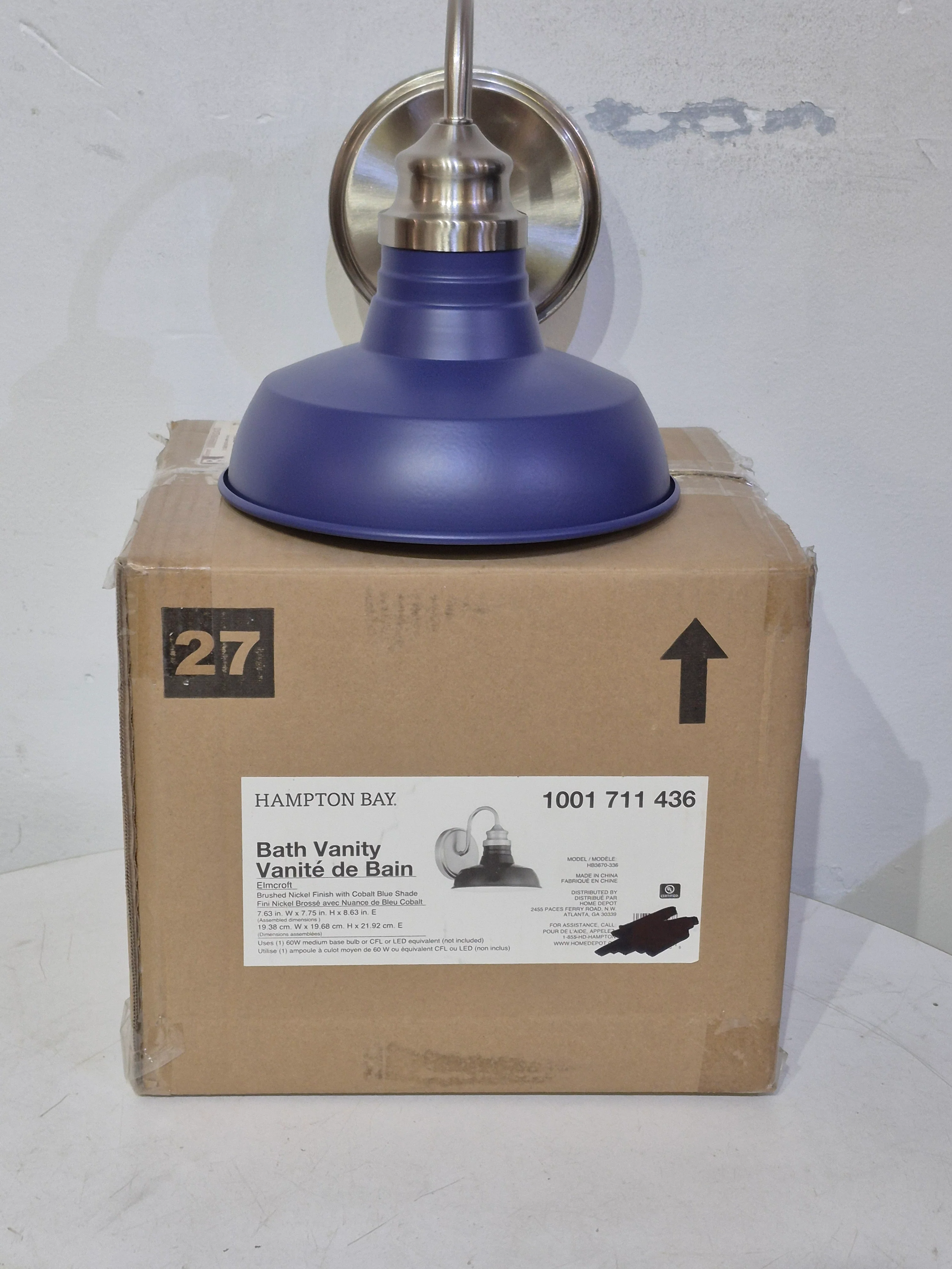 1-Light Brushed Nickel Modern Farmhouse Bathroom Vanity Light with Blue Shades - Image 2