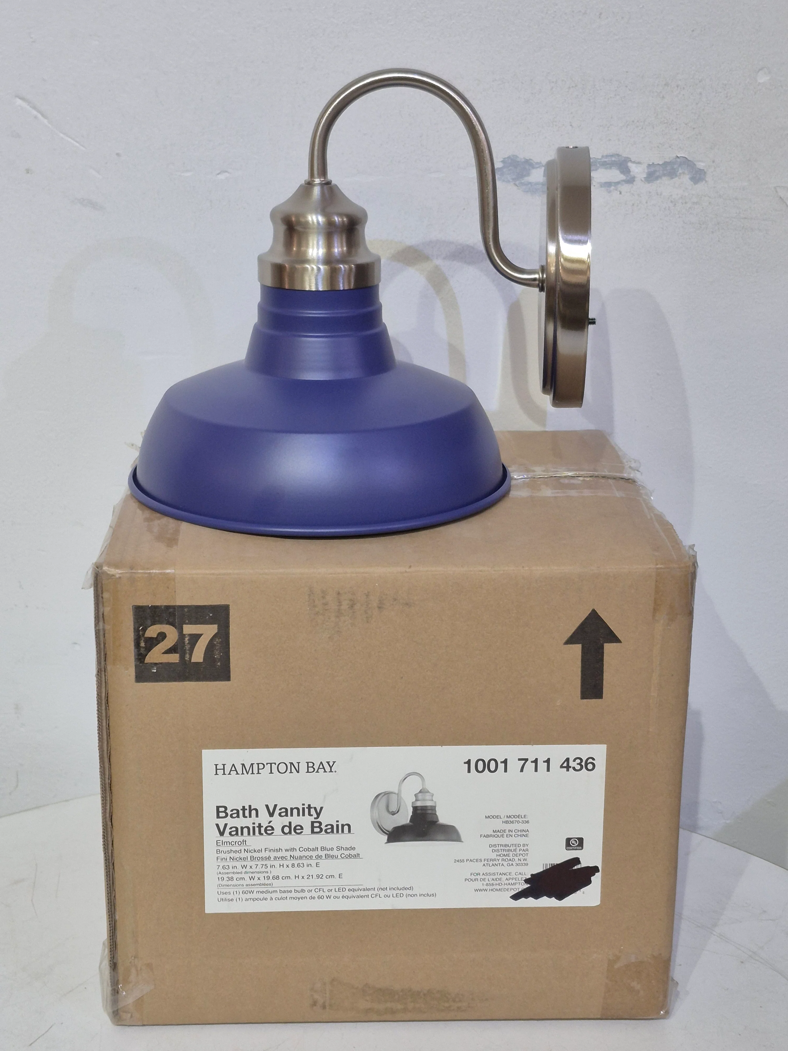 1-Light Brushed Nickel Modern Farmhouse Bathroom Vanity Light with Blue Shades - Image 3