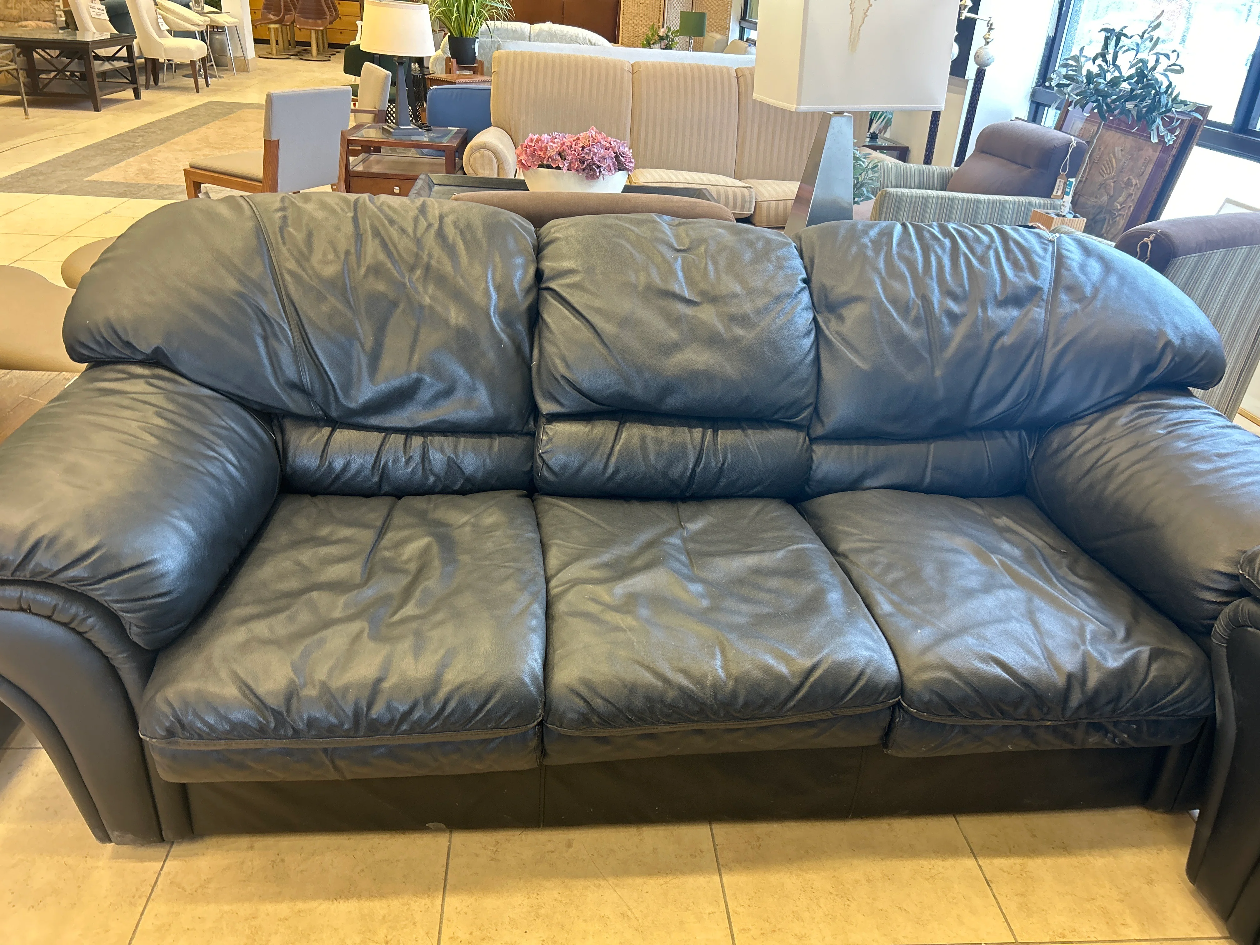 Black Upholstered Faux Leather 3-Seat Sofa