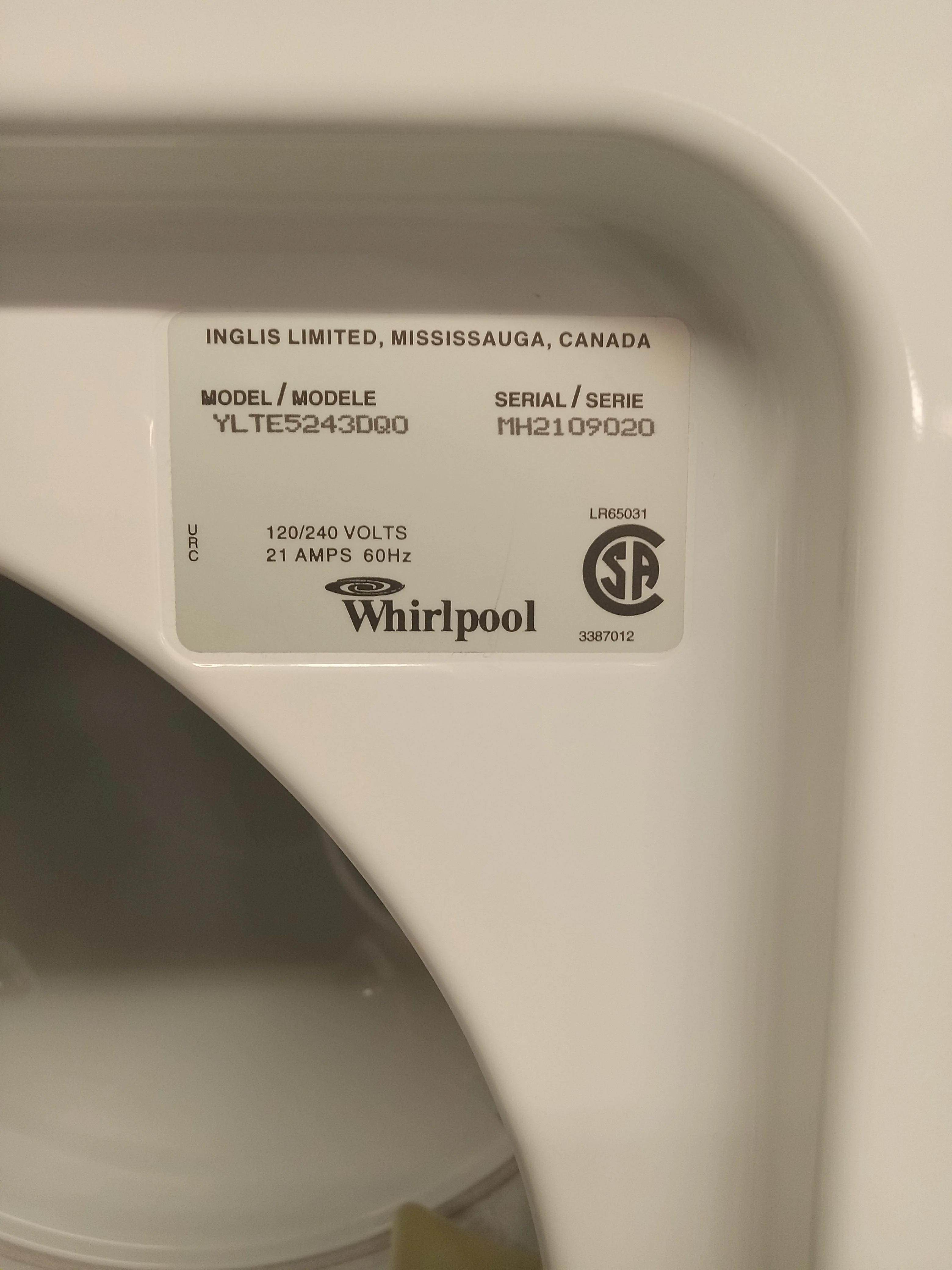 24"W White Whirlpool Washer/Dryer Combo - Image 3