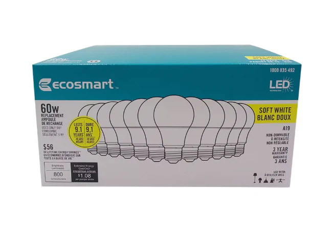 Ecosmart LED A19 E26 60W Equivalent A-Line Light Bulb Non-Dimmable Soft White (2700K - 2900K) (12-Pack) - Image 2
