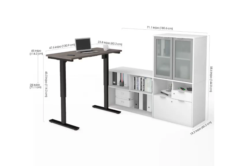 Height Adjustable L-Desk with Frosted Glass Door Hutch in Bark Gray & White - Image 2