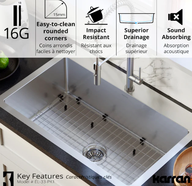 Karran 33 inch Top Mount Single Bowl Stainless Steel Kitchen Sink Kit - Image 2