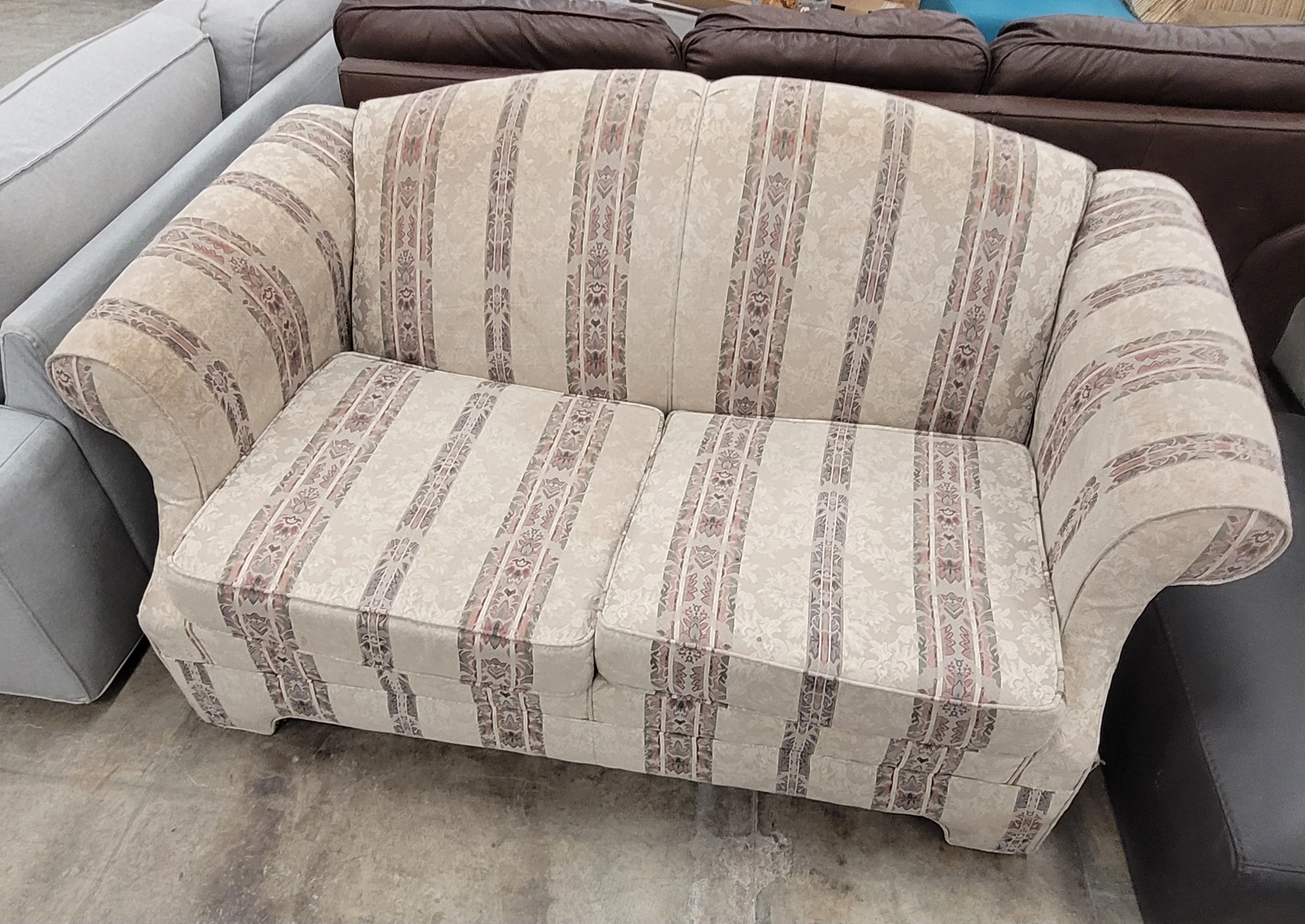 Neutral Cream Loveseat With Muted Vertical Stripes - Image 3